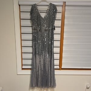 Adrianna Papell Silver Sequin Maxi Dress
